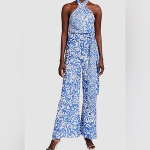 Tanya Taylor Women's Blue Silk Damask Printed Wide-Leg Jumpsuit Size 0